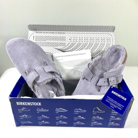 Birkenstock Boston Shearling Suede Clogs Purple Fog - Picture 15 of 17